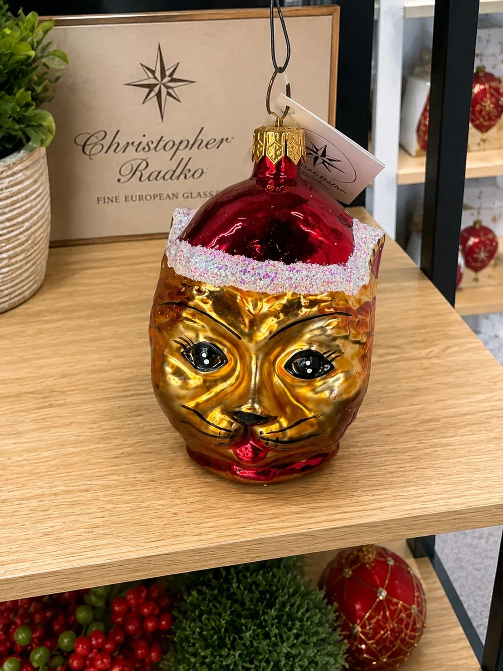Christopher Radko 1994 Cat Santa Hat Glass Christmas Ornament Poland Vintage Tag